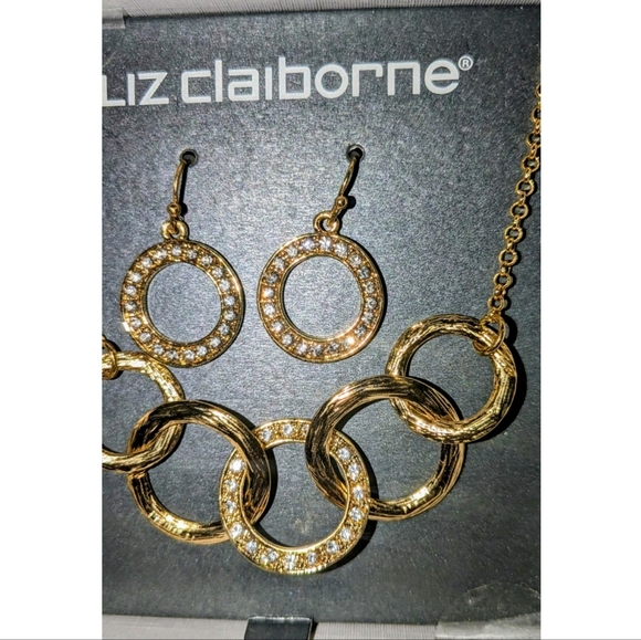 Liz Claiborne necklace and earrings. New, Gold tone circles with rhinestones - Picture 2 of 4